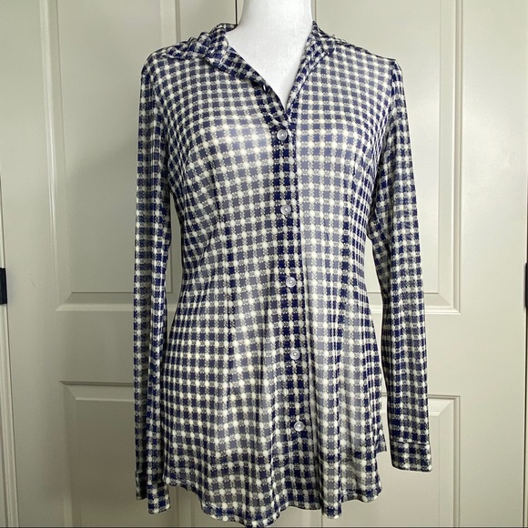 Cabi sheer navy check pattern button down shirt - Picture 12 of 16